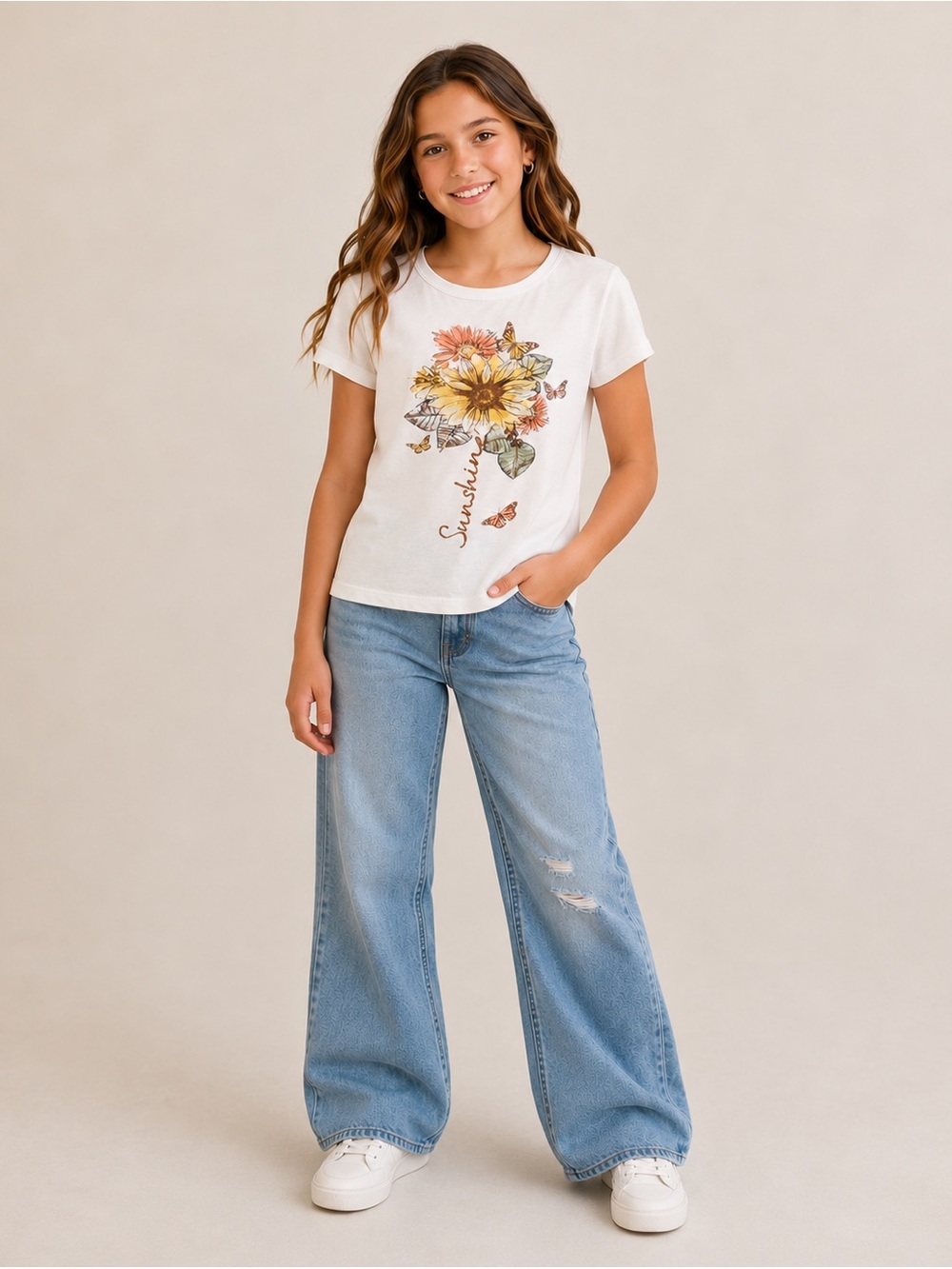Beautees White Floral Tee with Sunflower Design
